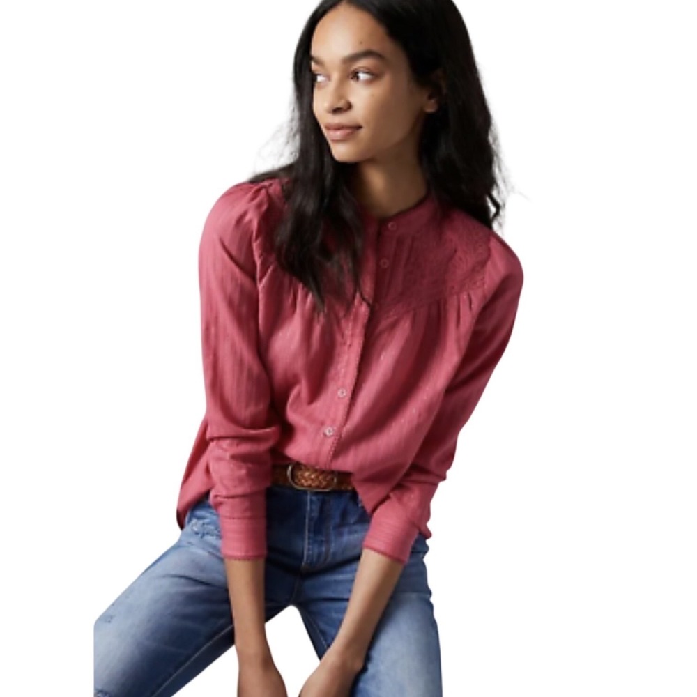 Pilcro Rose Pink Button-Front Lace Yoke Blouse